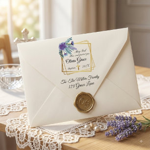Adesivo Quadrado Batismo de Bebê Personalizado Floral Roxo