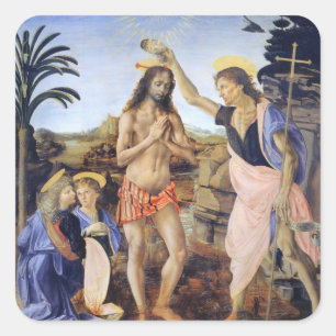 Adesivo Quadrado Batismo de Cristo por Verrocchio, Leonardo da Vinc