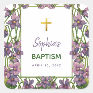 Adesivo Quadrado Batismo de Menina Violeta Floral Roxo Verde Cruz D