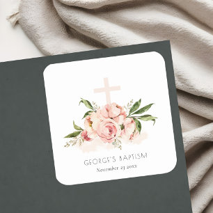 Adesivo Quadrado Batismo Floral Cruzado de Rosa de Pêssego Pastel 