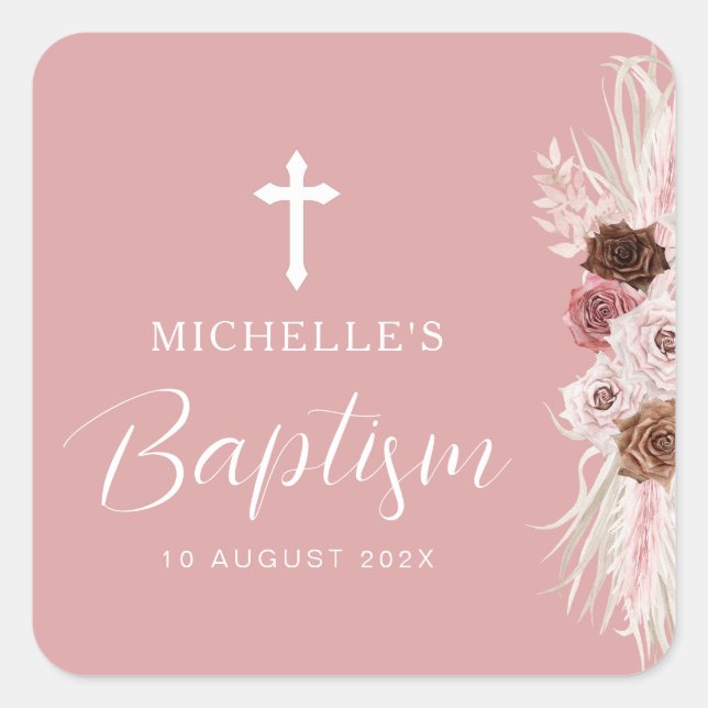 Adesivo Quadrado batismo floral poeirento rosa (Frente)