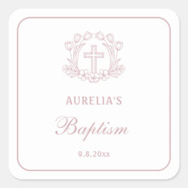 Adesivo Quadrado Batismo Floral Rosa Simples