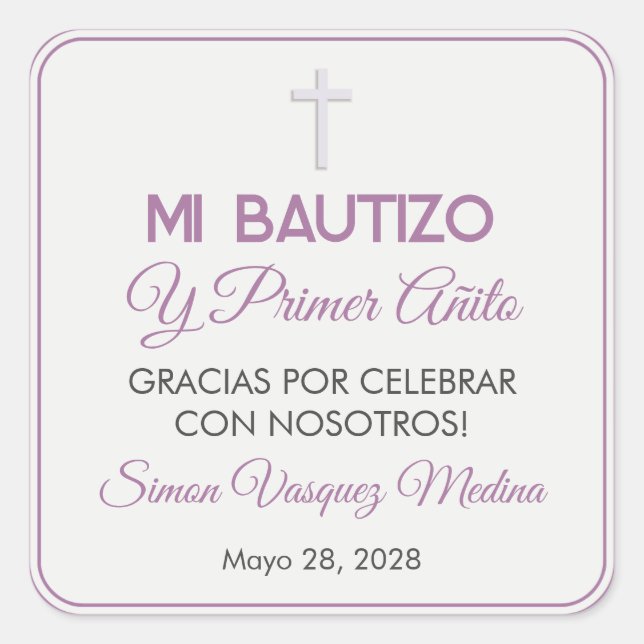 Adesivo Quadrado Batismo minimalista simples e primeiro aniversário (Frente)