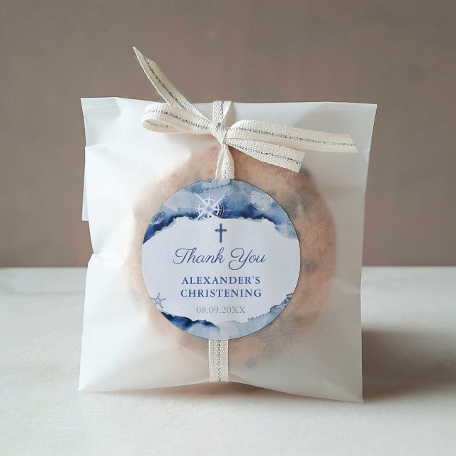 Adesivo Quadrado Batismo Náutico Azul marinho Obrigado Pela Cruz (Nautical Christening or Baptism favor thank you sticker with Holy Cross)
