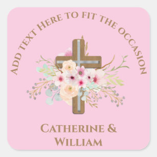 Adesivo Quadrado Batismo Personalizado e Cruz Floral de Natal