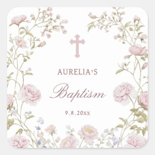 Adesivo Quadrado Batismo Quadro Floral Blush