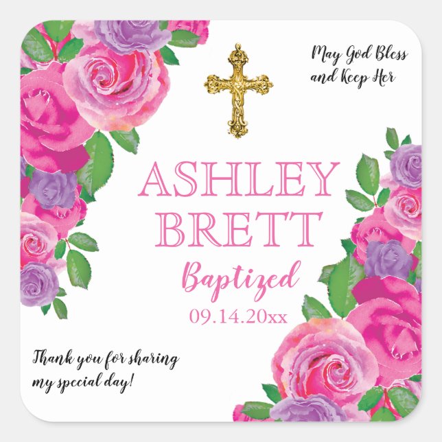 Adesivo Quadrado Batismo | Rosa Floral de de Aquarela Rosa | Cruz (Frente)