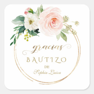 Adesivo Quadrado Bautizo Floral Dourado, Espanhol, Rosa Único