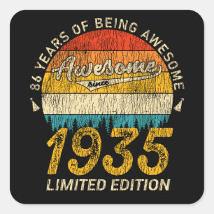 Adesivo Quadrado Bday de 86 anos 1935 Incrível desde o 86.º anivers