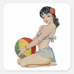 Adesivo Quadrado Beach Belle - Vintage Pin-Up Girl