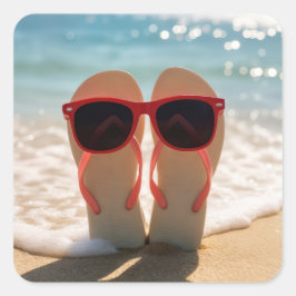 Adesivo Quadrado Beach Flip-flops with Red Sunglasses