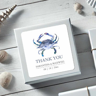 Adesivo Quadrado Beach Wedding Blue Crab Obrigado Favor