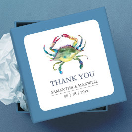 Adesivo Quadrado Beach Wedding Blue Crab Obrigado Favor