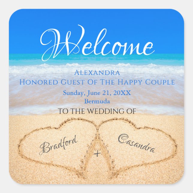 Adesivo Quadrado Beach Wedding Hearts in Sand Welcome Keepsaket (Frente)