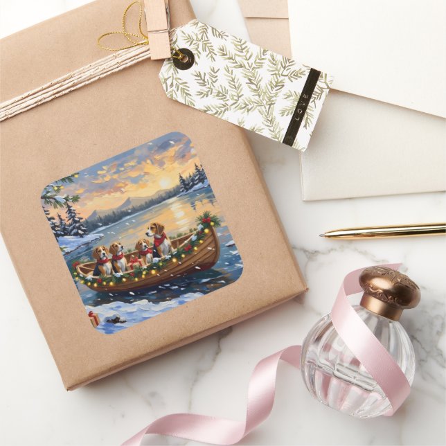 Adesivo Quadrado Beagle Christmas Boat Holiday (Presentear)