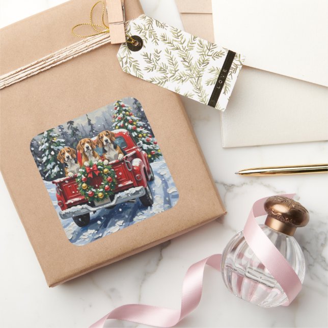 Adesivo Quadrado Beagle Christmas Red Truck Holiday (Presentear)