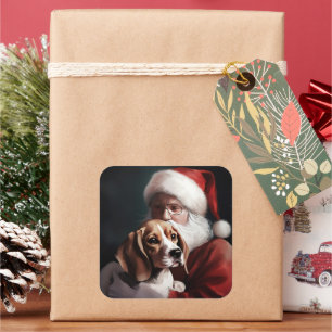 Adesivo Quadrado Beagle com Papai Noel Natal Festivo