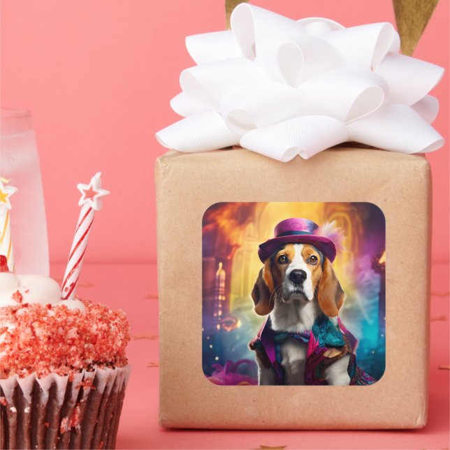 Adesivo Quadrado Beagle em fantasia vibrante (Festa)