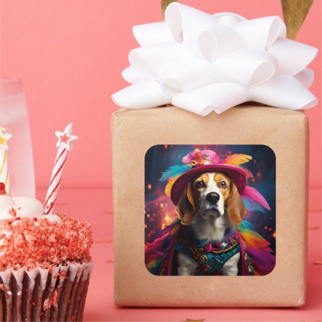 Adesivo Quadrado Beagle em um chapéu de penas (Festa)