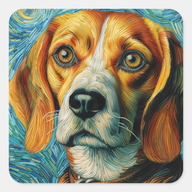 Adesivo Quadrado Beagle Estilo Van Gogh (Frente)