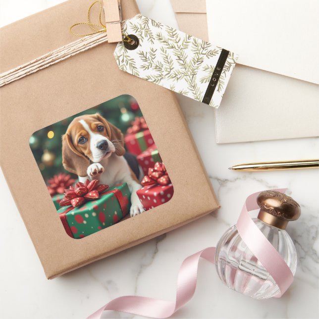 Adesivo Quadrado Beagle Wrapping Gifts Christmas Painting (Presentear)