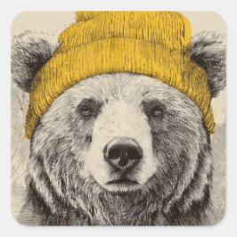 Adesivo Quadrado Bear in Yellow Beanie Rustic Woodland Animal 