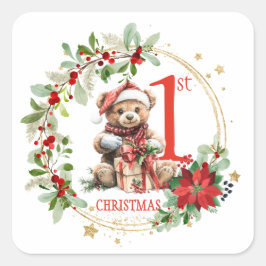 Adesivo Quadrado Bear Poinsettia Foliage Bebê Primeiro Natal