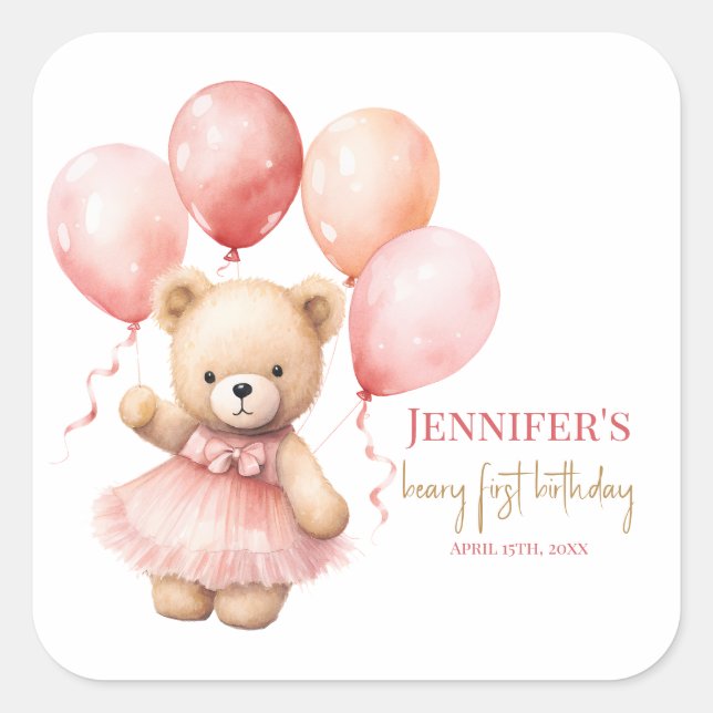 Adesivo Quadrado Beary First Birthday Square Favor Labels Princes (Frente)