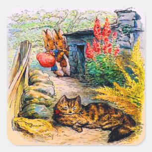 Adesivo Quadrado Beatrix Potter - coelhos que olham o gato