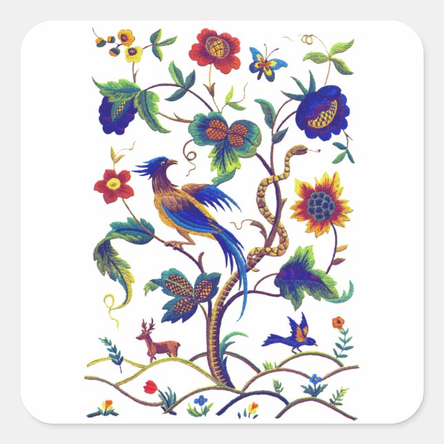 Adesivo Quadrado Beautful Jacobean Bird of Paradise Embroiderme (Frente)