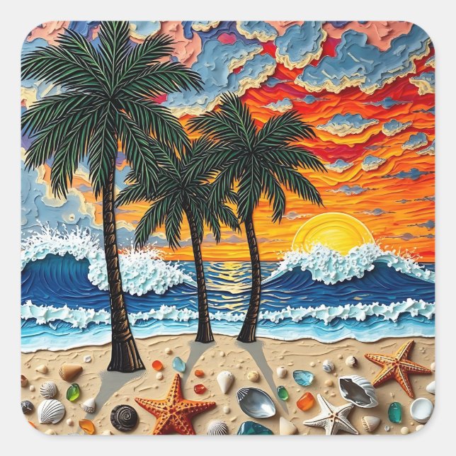 Adesivo Quadrado Beautiful Beach Scene with Palm Trees (Frente)