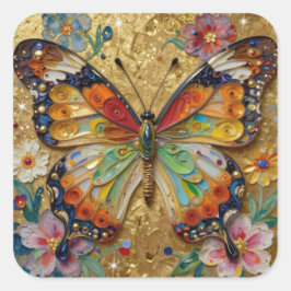 Adesivo Quadrado Beautiful Impasto Butterfly and Flowers  