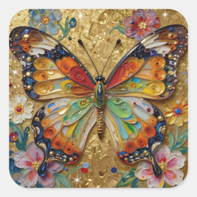 Adesivo Quadrado Beautiful Impasto Butterfly and Flowers   (Frente)