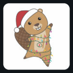 Adesivo Quadrado Beaver Cheerful Christmas Winter Animals Beavers<br><div class="desc">The beaver at Christmas with fairy lights. Funny animals with gifts and snow for the holidays. Also funny for Christmas in July. Beavers are cute animals and perfect for Christmas.</div>