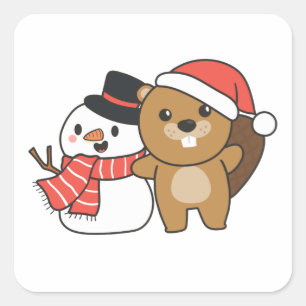 Adesivo Quadrado Beaver Com Neve No Inverno No Natal