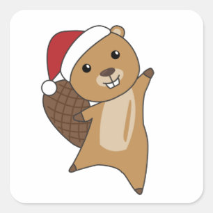 Adesivo Quadrado Beaver Felizes Animais De Inverno De Natal