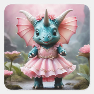 Adesivo Quadrado Bebê Adorável Dino num Vestido Rosa