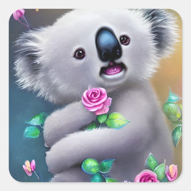 Adesivo Quadrado Bebê Adorável Urso Koala com Flores (Frente)