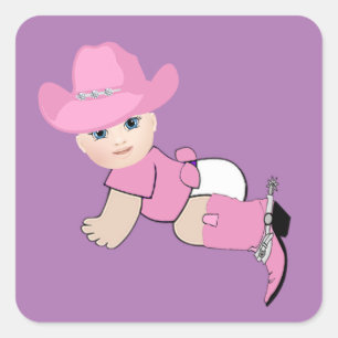 Adesivo Quadrado Bebê Cowgirl com chapéu rosa e botas