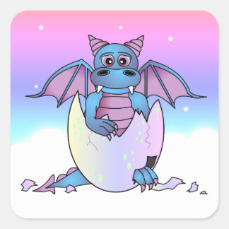 Adesivo Quadrado Bebê de dragão-cúmulo em ovo rachado - Azul / Roxo