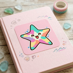 Adesivo Quadrado Bebê Estrela-do-Mar Kawaii Sorridente com Bolhas