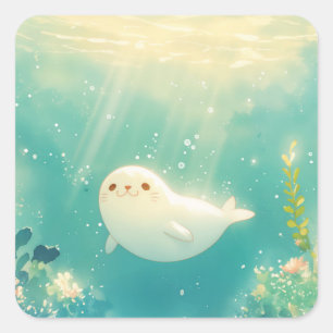 Adesivo Quadrado Bebê Foca Sorridente no Jardim Subaquático Turques