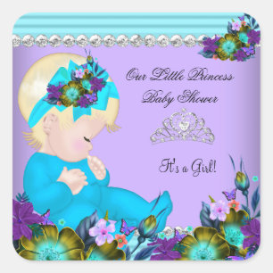 Adesivo Quadrado Bebê Fofa Menina Chuveiro Teal Azul Roxo Loira