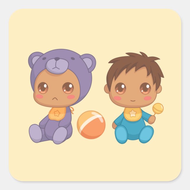 Adesivo Quadrado Bebê gêmeo ursinho roxo macacão amarelo (Frente)