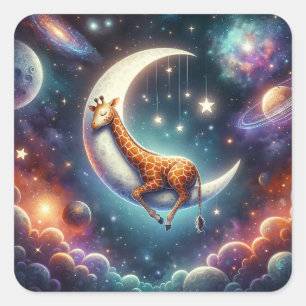 Adesivo Quadrado Bebê Girafa Celestial Dormindo na Lua e Estrelas