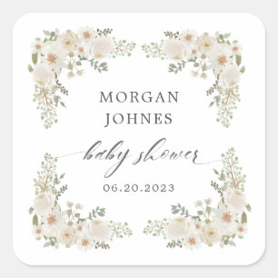 Adesivo Quadrado bebê no chá de fraldas floral de marfim floral