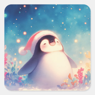 Adesivo Quadrado Bebê Pinguim de Natal Fofo de Chapéu de Papai Noel