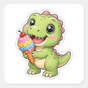 Adesivo Quadrado Bebê T-Rex Fofo Com Arte de Sorvete