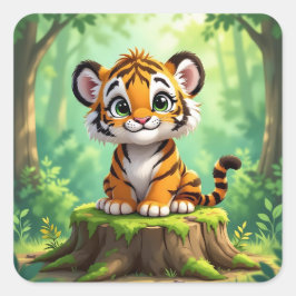 Adesivo Quadrado Bebê Tigre | Arte de Berçário Infantil de Desenho 