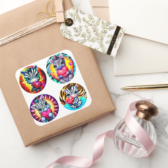 Adesivo Quadrado Bebê Zebras Bonitas com Corações (Presentear)